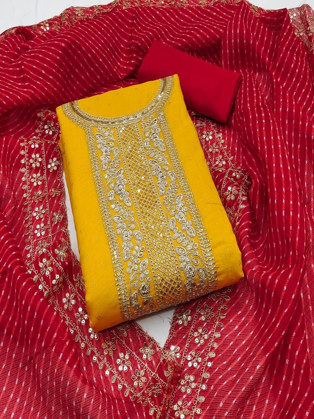 

SHIJILA Ethnic Motifs Embroidered Poly Silk Unstitched Dress Material, Yellow