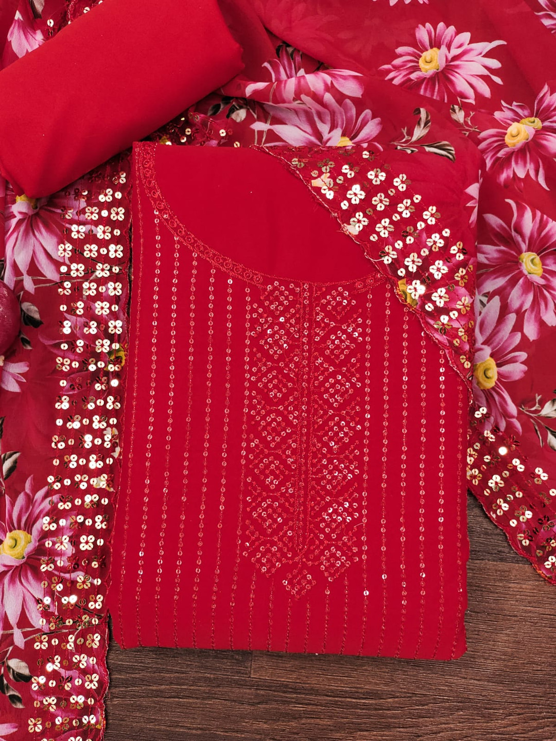 

BlissFlair Floral Embroidered Sequinned Unstitched Dress Material, Red