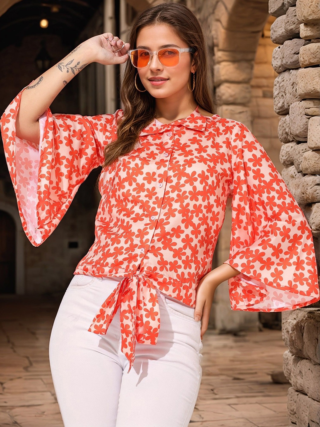

DressBerry Floral Print Bell Sleeve Shirt Style Crop Top, Orange
