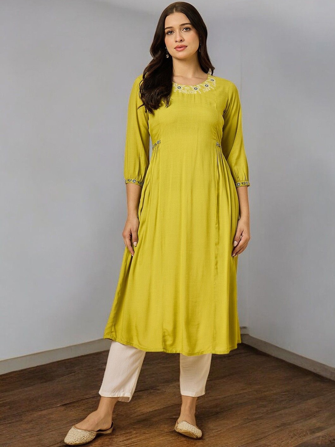 

Azira Floral Embroidered Pleated A-Line Kurta, Lime green