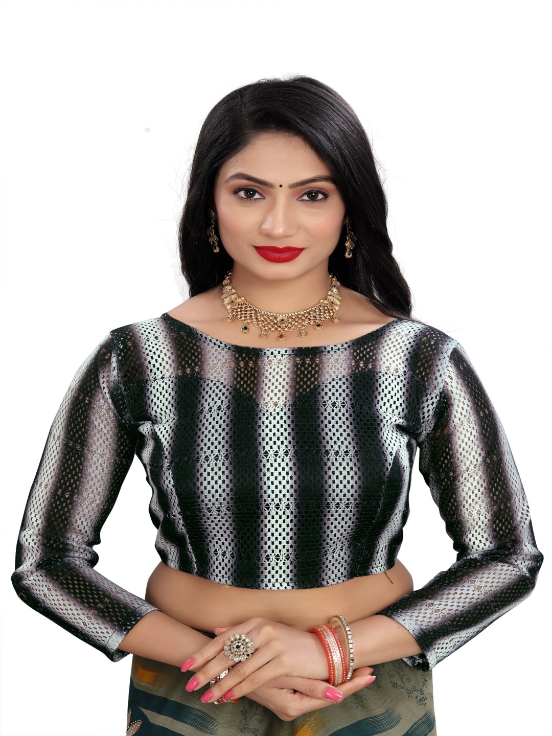 

HERE&NOW Women Woven Design Round Neck Saree Blouse, Black