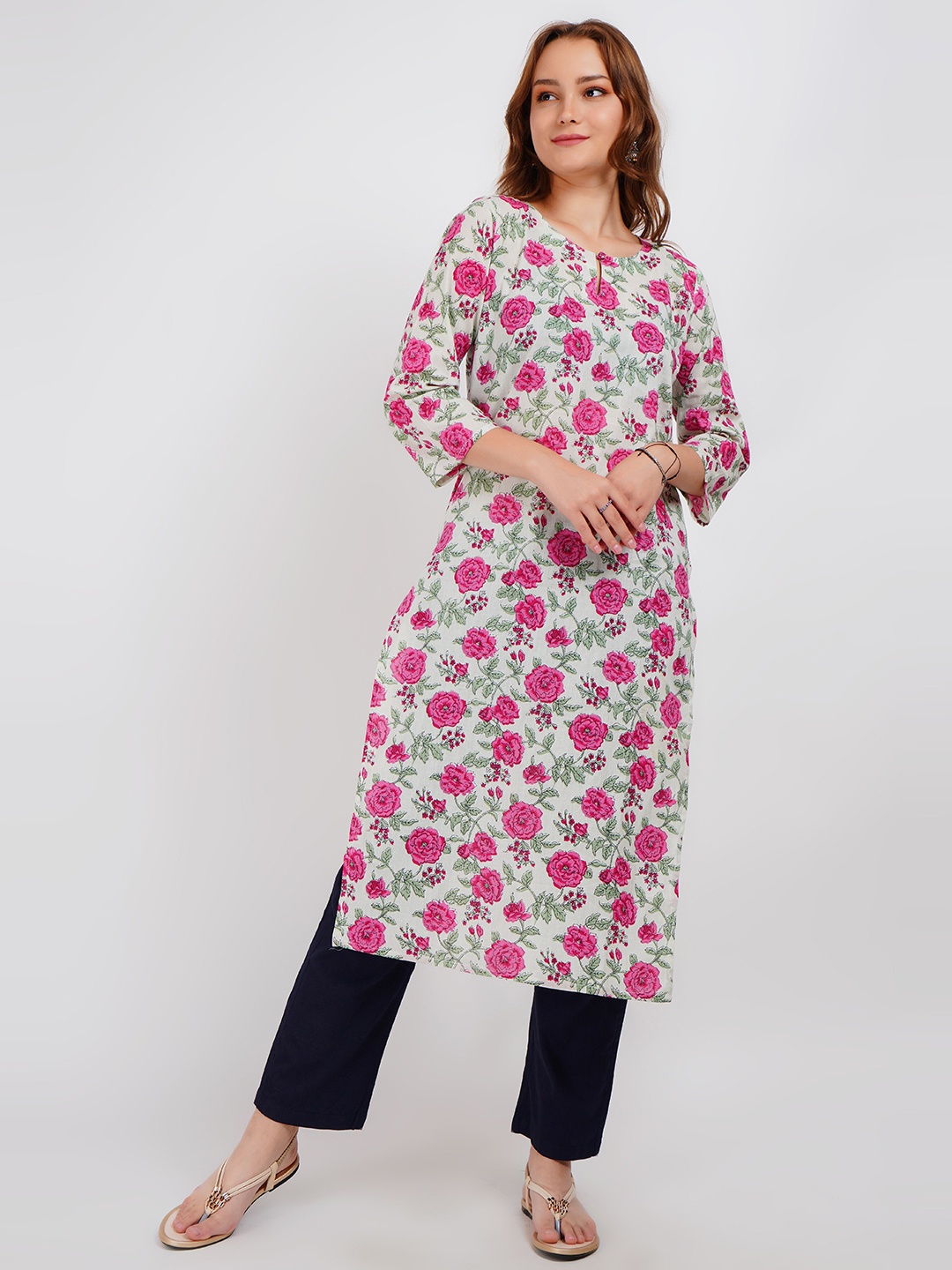 

Lavantika Floral Printed Key Hole Neck Pure Cotton Straight Kurta, Pink