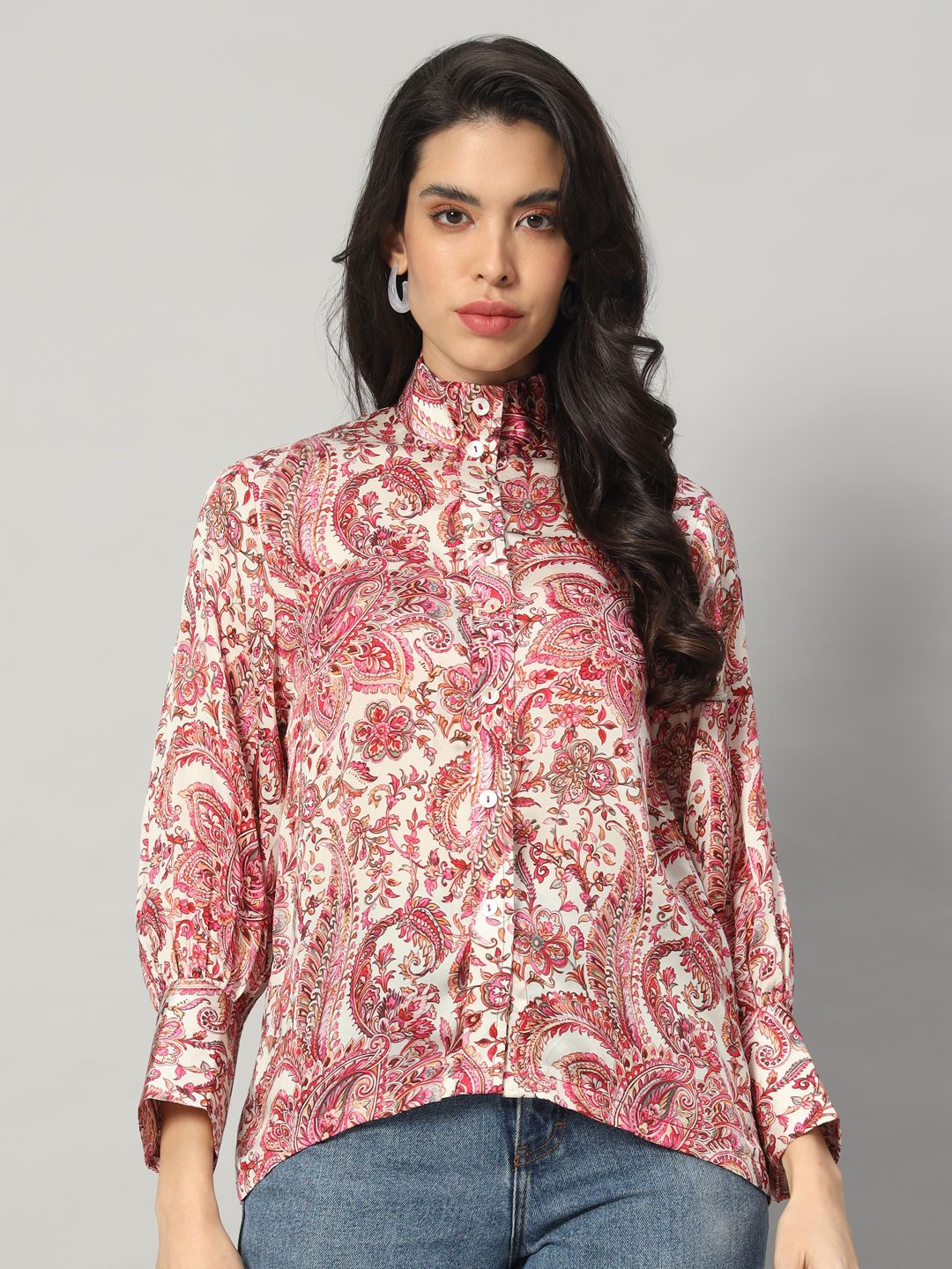 

BRIJAL LAD Women Relaxed Fit Band Collar Ethnic Motifs Printed Satin Casual Shirt, Off white