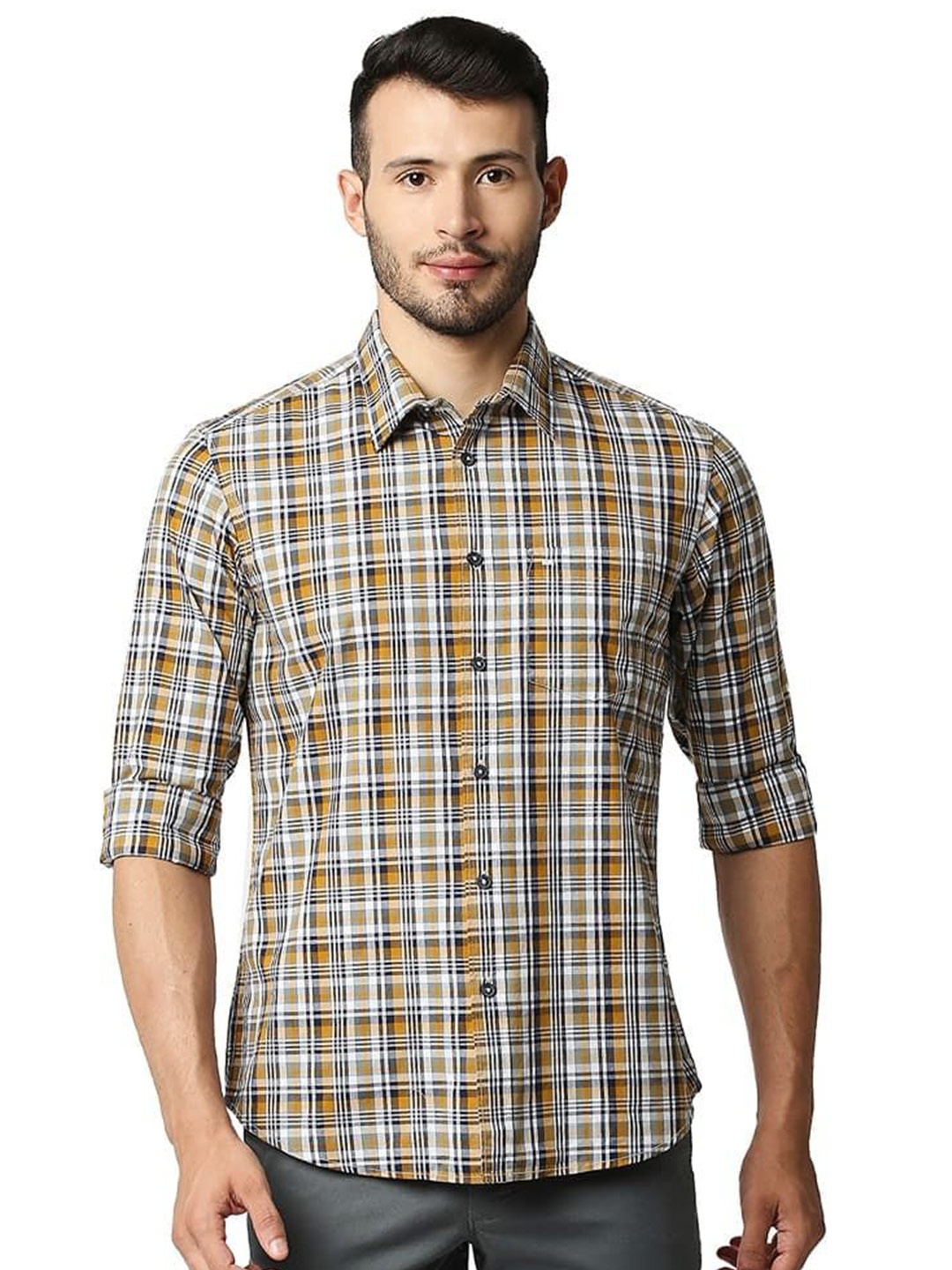 

Basics Men Relaxed Fit Spread Collar Tartan Checked Cotton Casual Shirt, Yellow