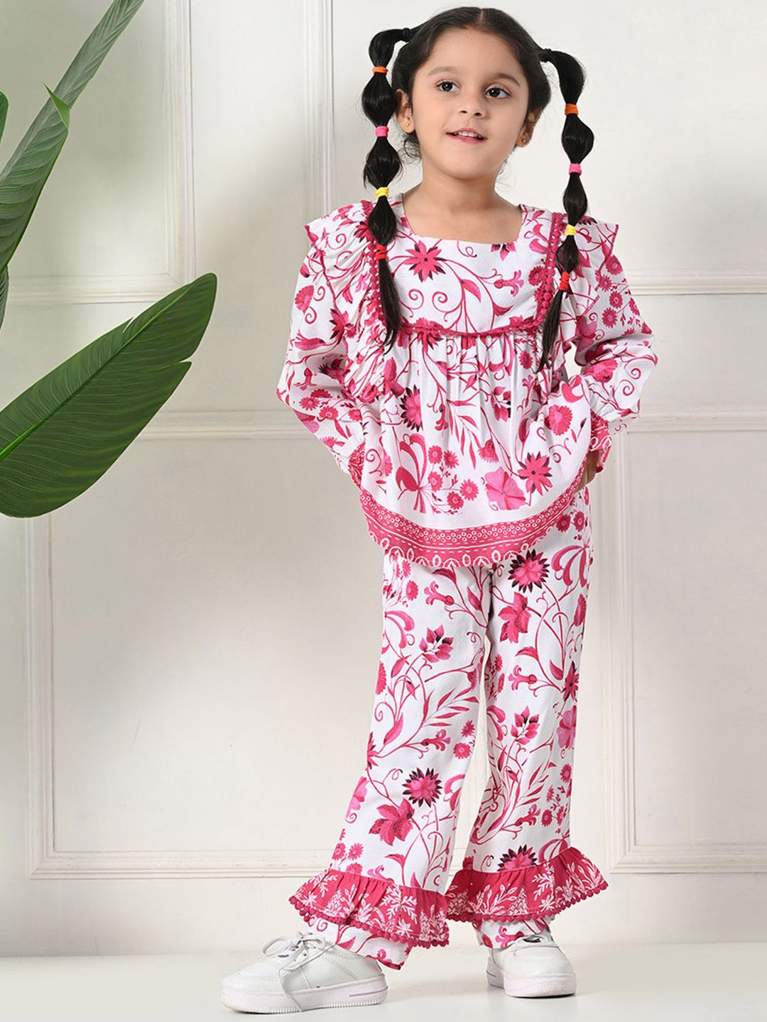 

BAESD Girls Floral Printed Square Neck Pure Cotton Top With Trousers, Pink