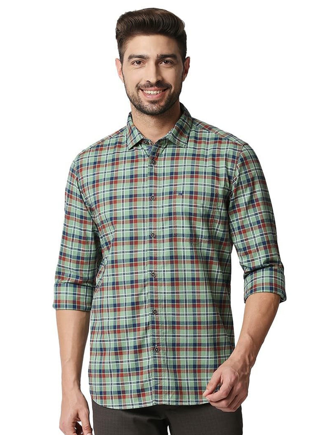 

Basics Men Relaxed Fit Spread Collar Checked Cotton Casual Shirt, Green
