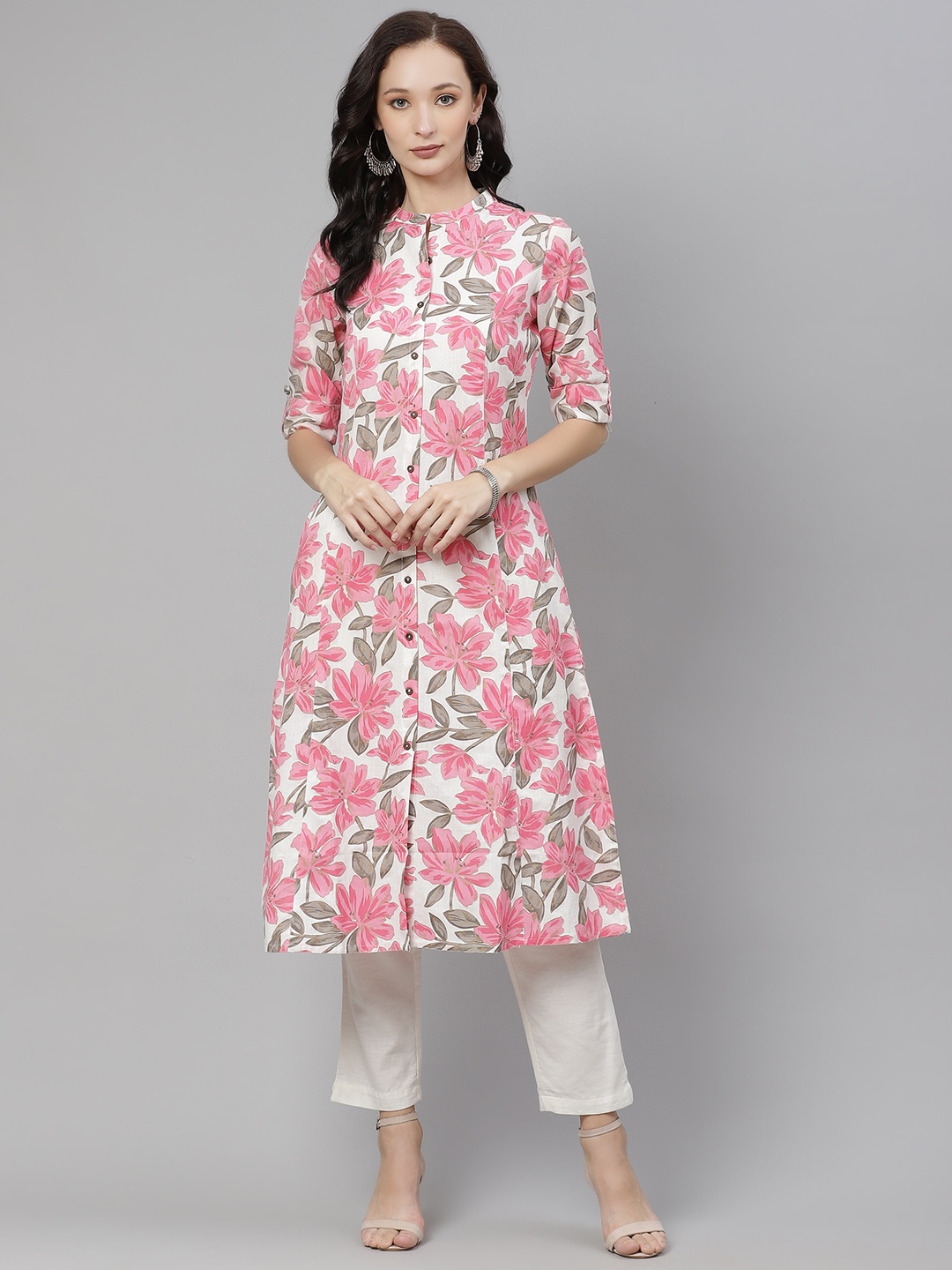 

Chandbaali Floral Printed Mandarin Collar Pure Cotton Panelled A-Line Kurta, White