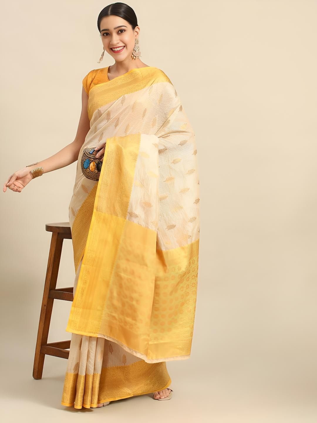 

VILLAGIUS Woven Design Zari Saree, Yellow