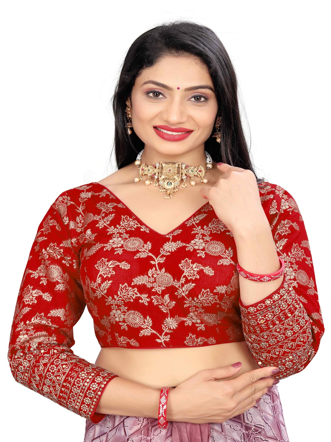 

HERE&NOW Embroidered V-Neck Saree Blouse, Red