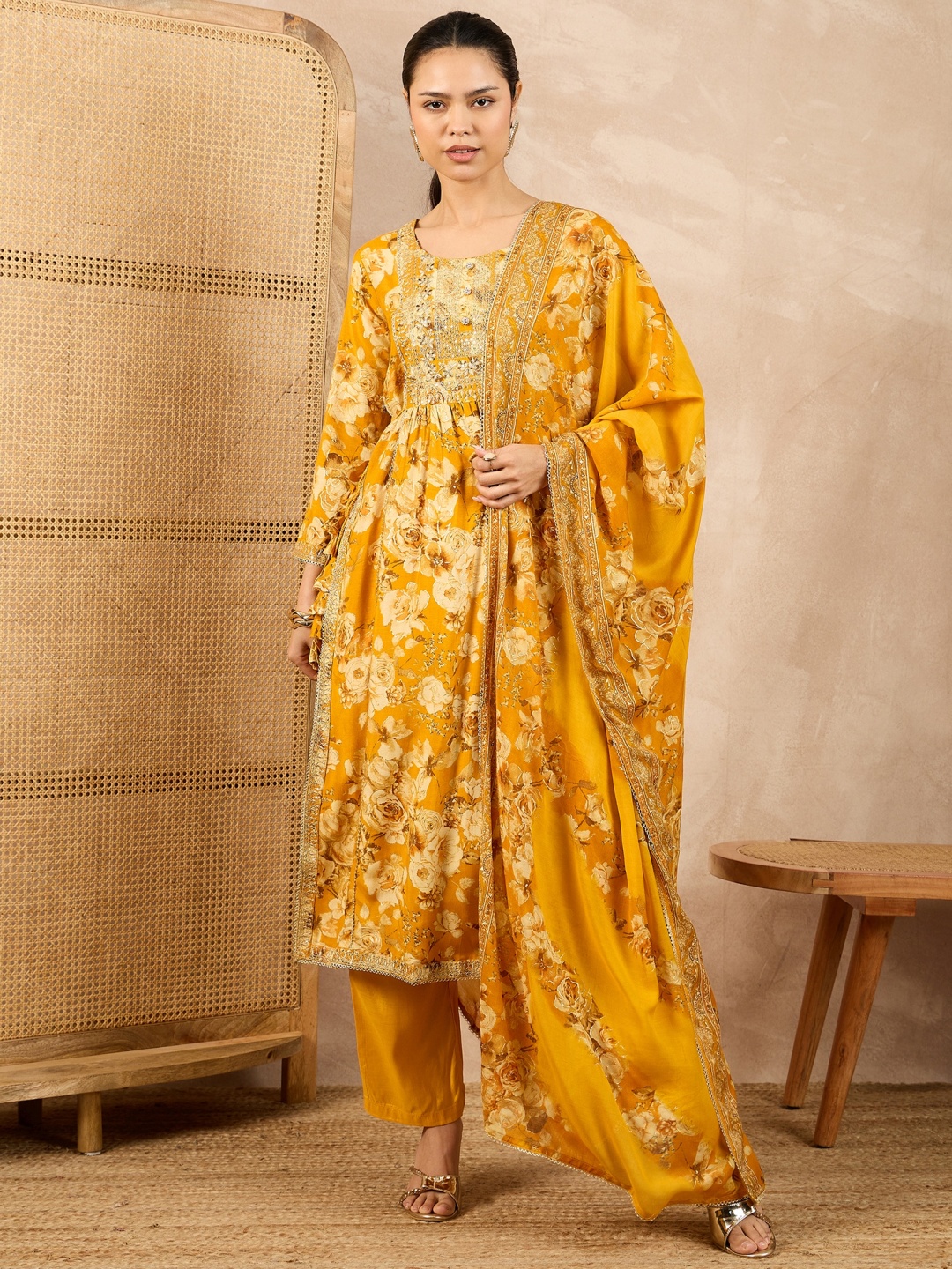 

all about you Floral Printed V Neck Sequinned Chanderi Silk Kurta With Trousers & Dupatta, Mustard