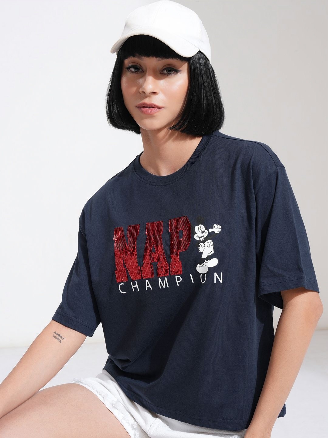 

Tokyo Talkies Disney Women Mickey Mouse Sequined Boxy T-Shirt, Navy blue