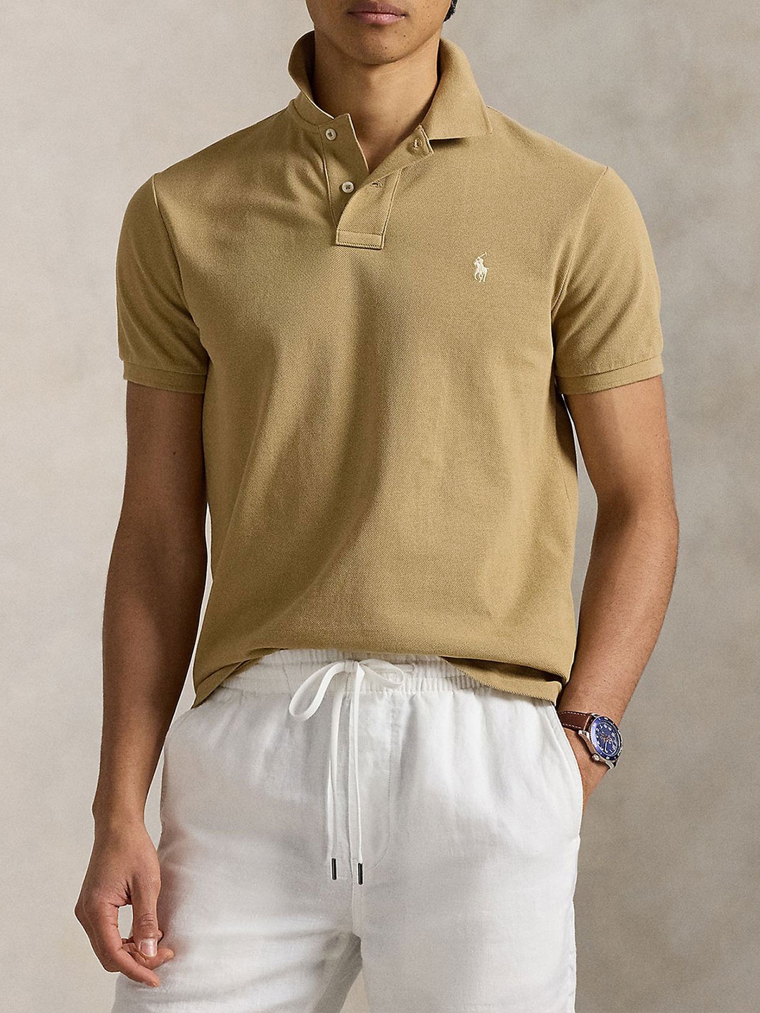 

Polo Ralph Lauren Men Solid Polo Collar Cotton Slim Fit T-shirt, Beige
