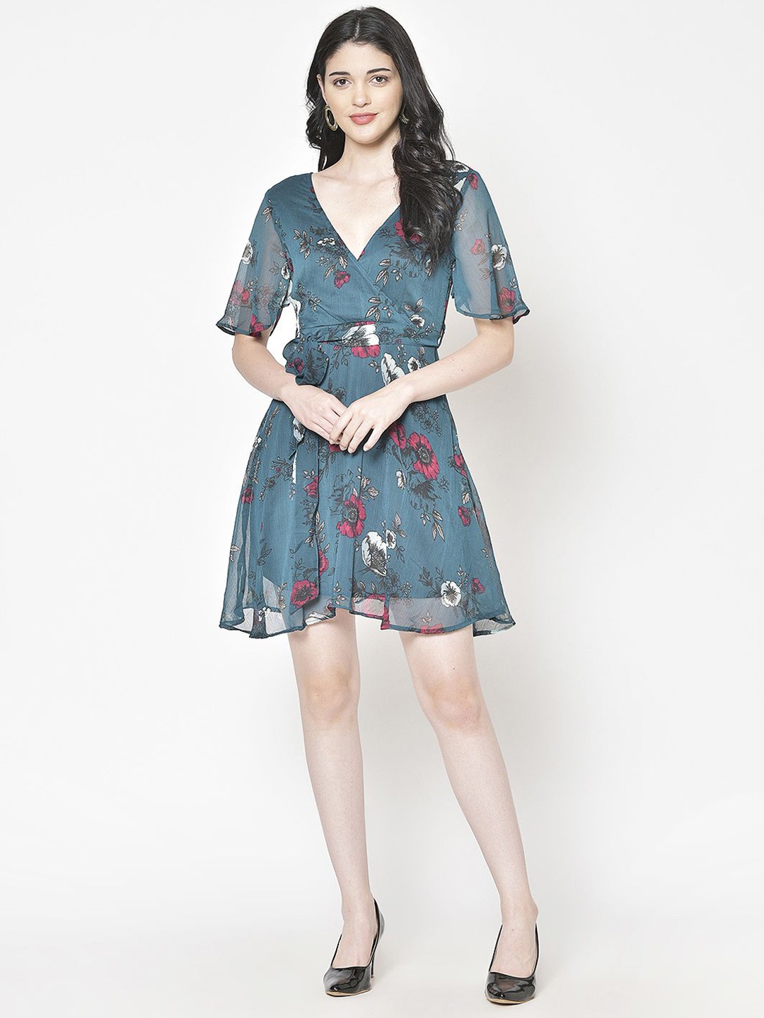 

Moda Rapido Floral Printed Flared Sleeves Fit & Flare Dress, Teal