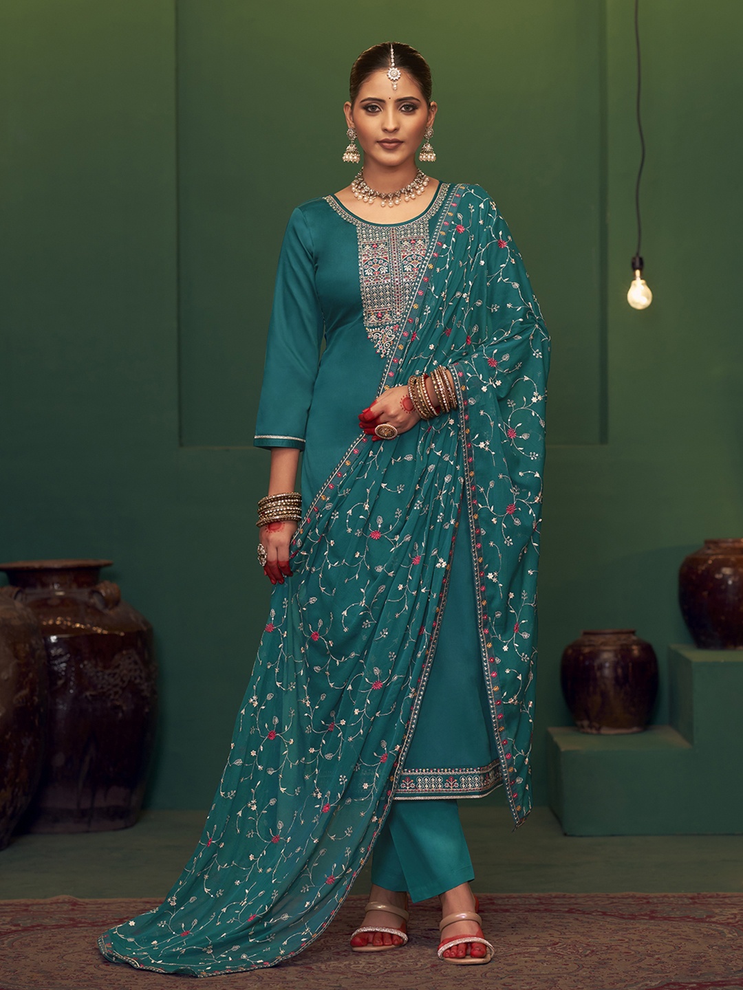 

Anouk Green Floral Embroidered Sequunied Unstitched Dress Material, Teal