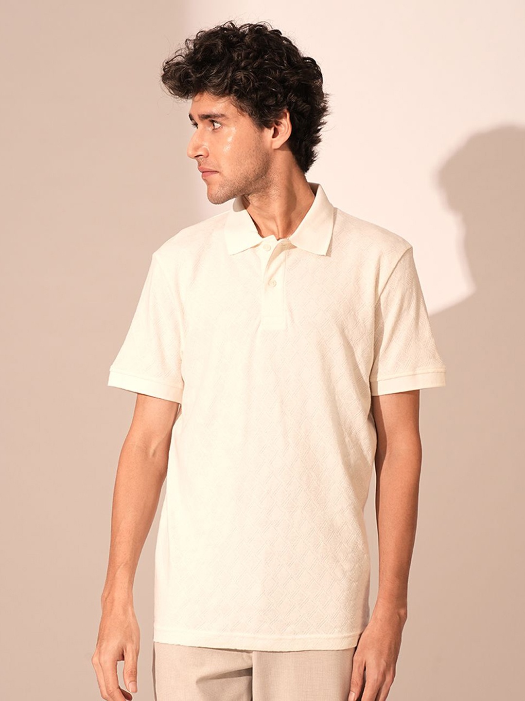 

SELECTED Men Self Design Polo Collar Cotton Relaxed Fit T-shirt, Beige