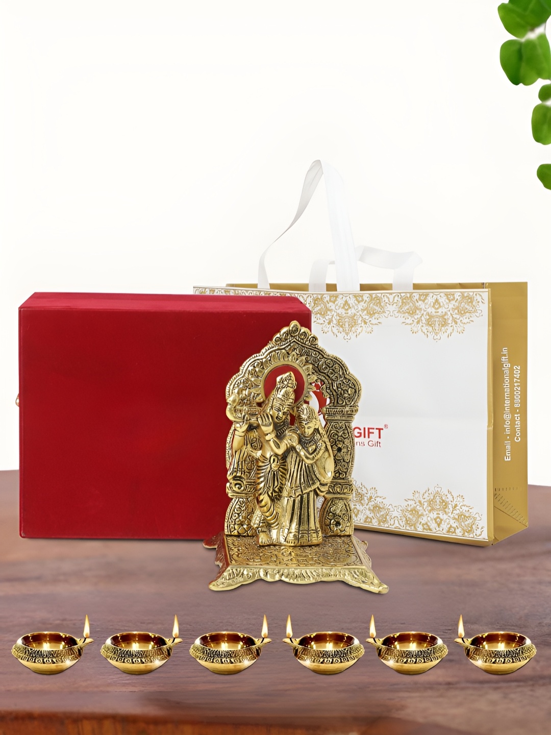 

INTERNATIONAL GIFT Gold-Plated Radha Krishna Chowki with 6 Diya Religious Idol Showpiece