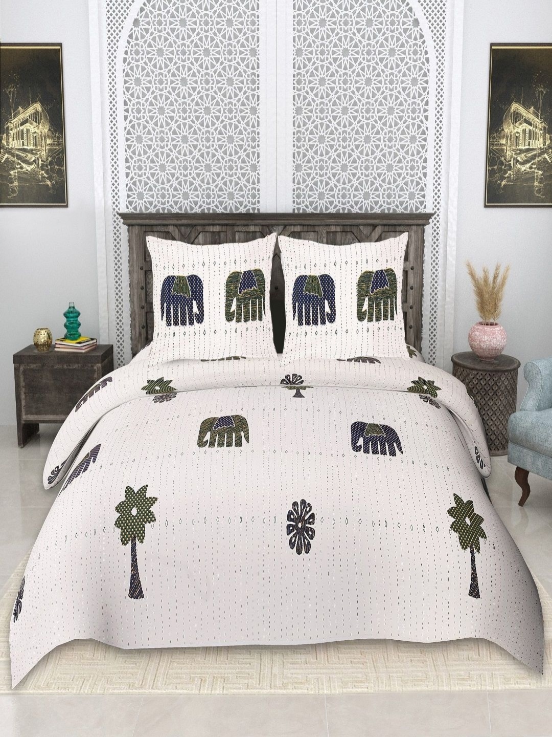 

CHICERY White & Green Ethnic Printed Pure Cotton 210TC King Bedsheet Sets 2.74m x 2.74m