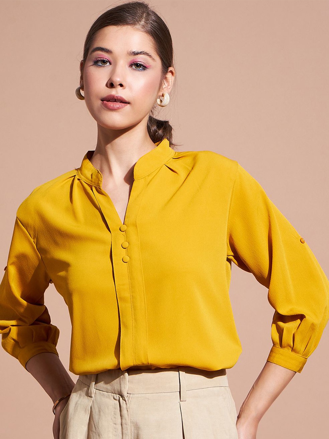

DressBerry Women Solid Mandarin Collar Top, Mustard
