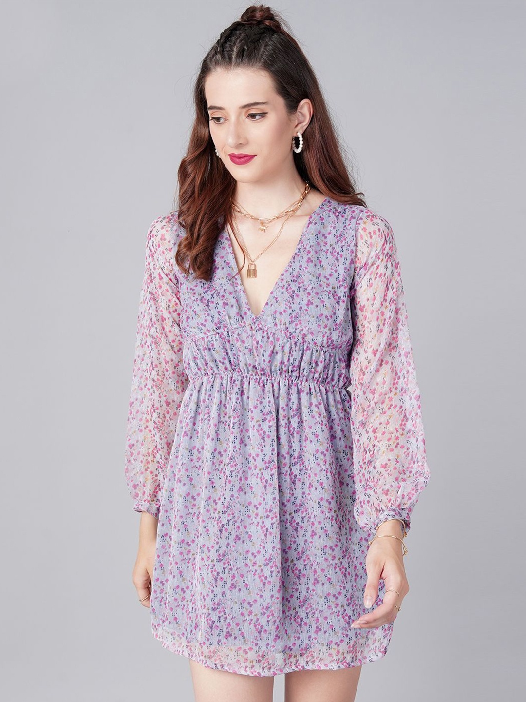 

Moda Rapido Floral Printed Puff Sleeves Fit & Flare Mini Dress, Grey