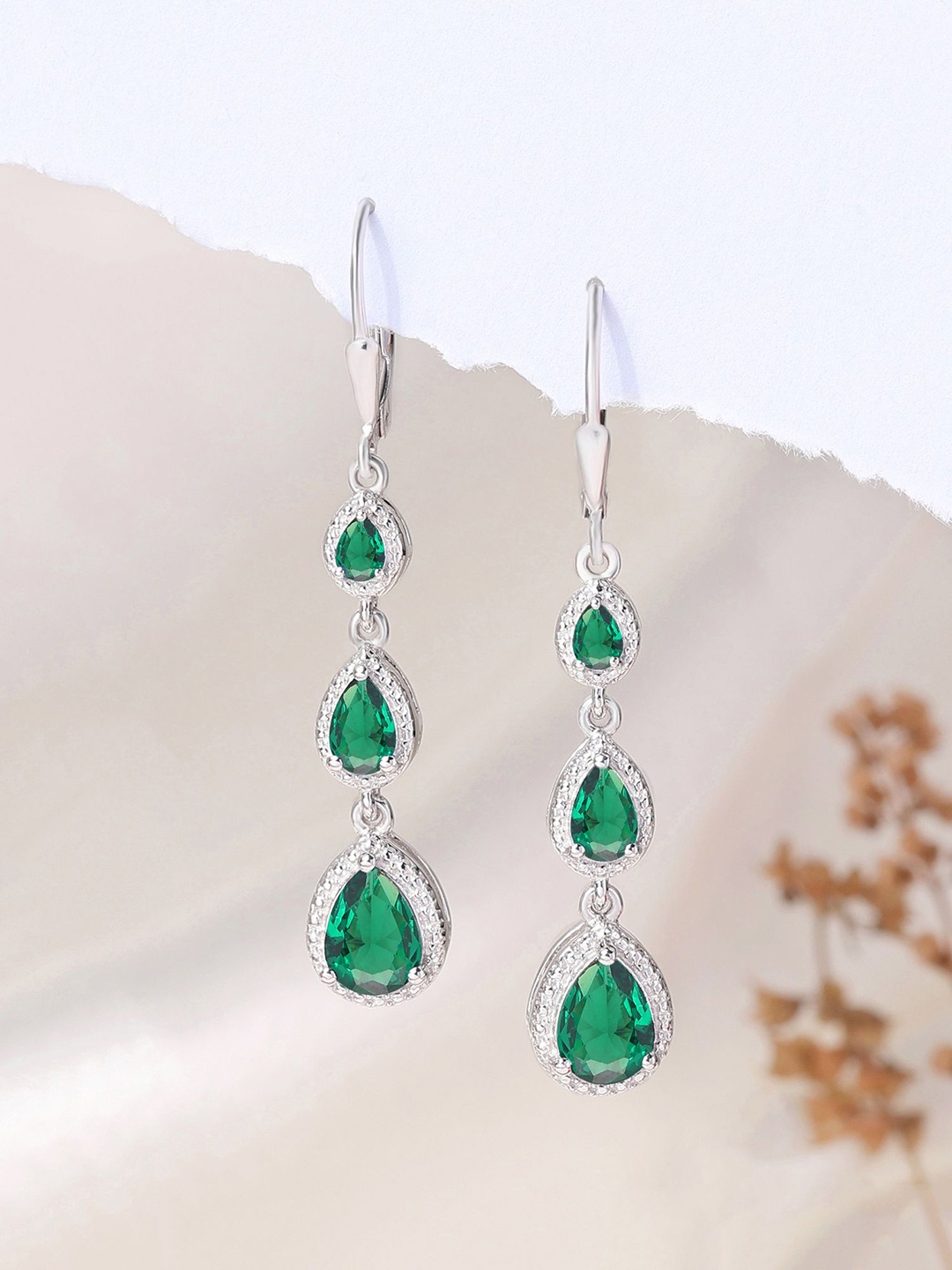 

Ornate Jewels 925 Silver Rhodium-Plated Emerald Studded Teardrop Shaped Drop Earring