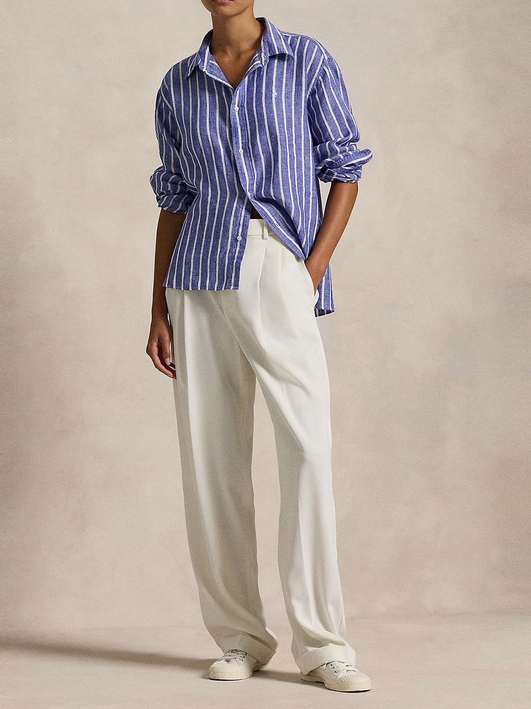 

Polo Ralph Lauren Women Relaxed Fit Spread Collar Vertical Striped Linen Casual Shirt, Navy blue