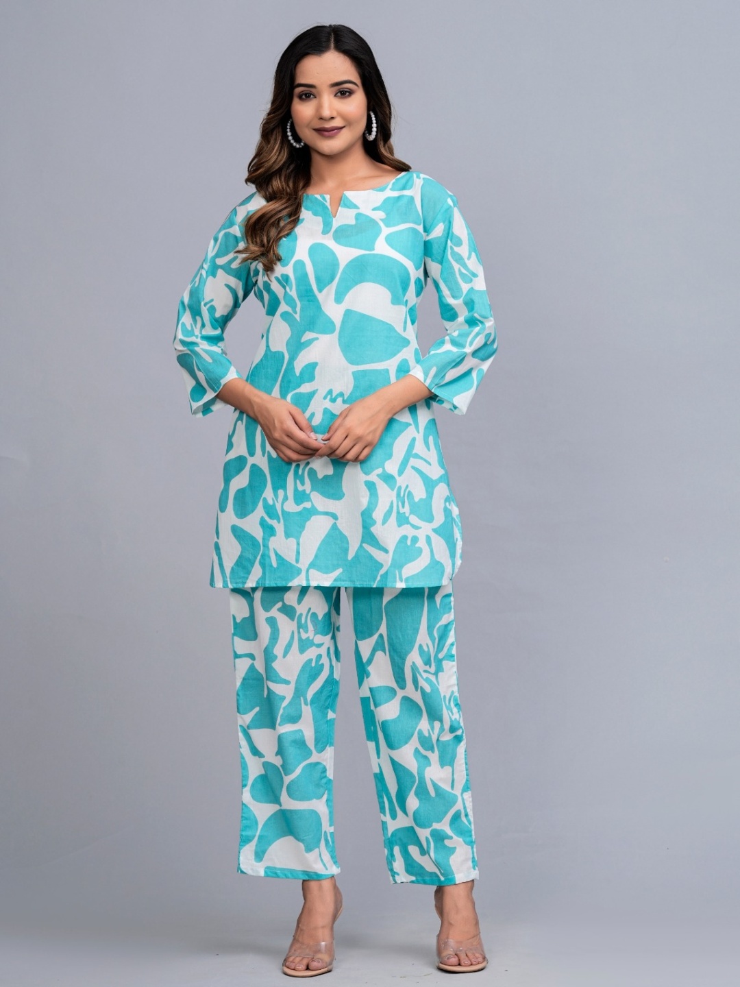 

MILAAV Abstract Printed Notch Neck Pure Cotton Top With Trouser, Blue