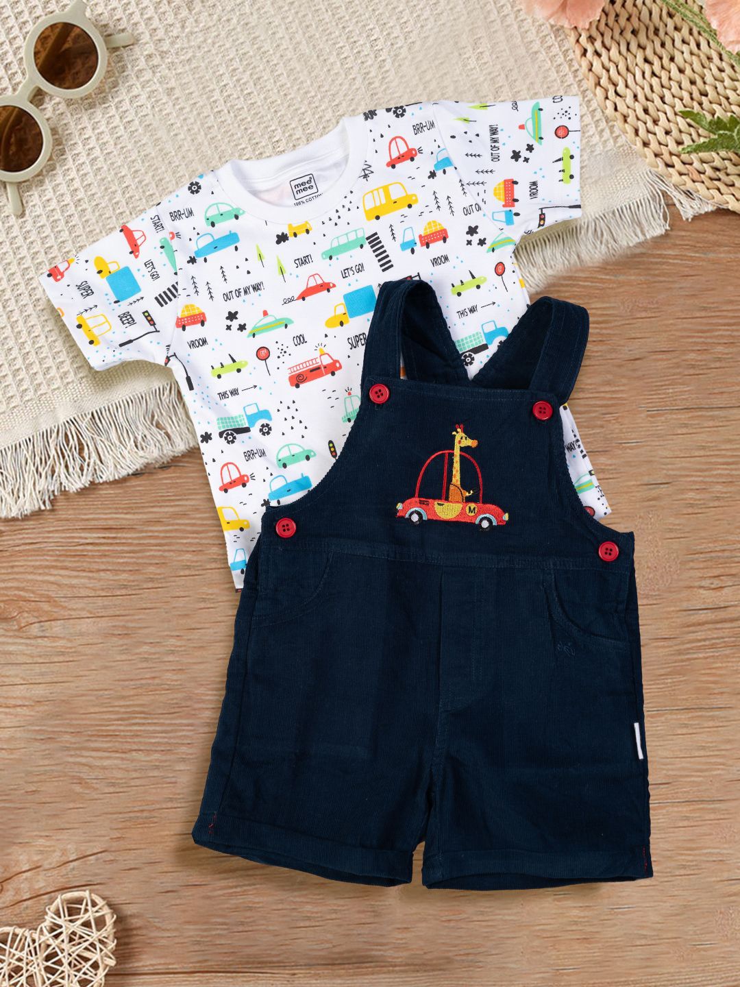 

MeeMee Boys Graphic Printed Cotton Dungaree With T-Shirt, Navy blue