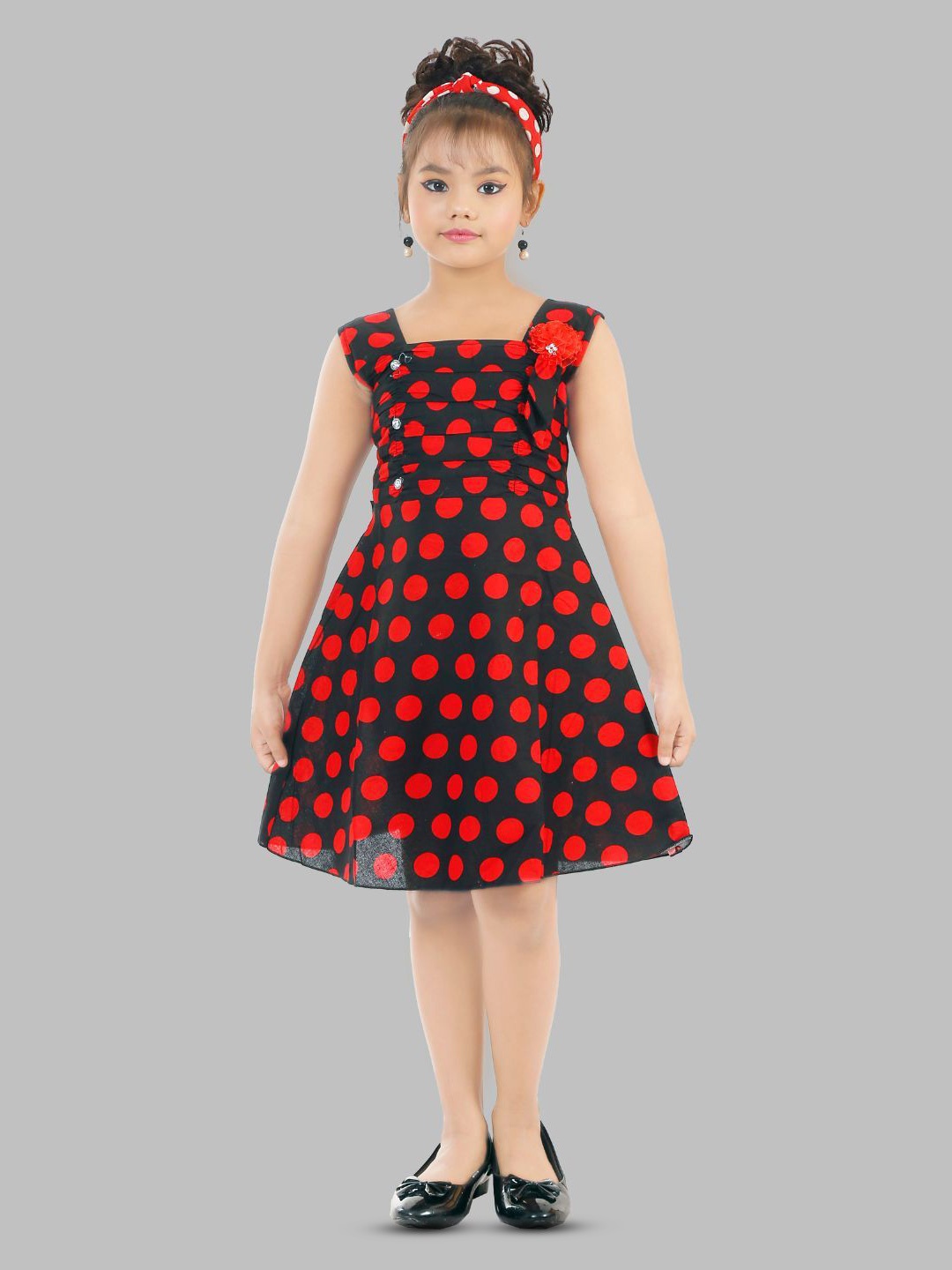 

Fessist Girls Polka Dots Printed Cotton Fit & Flare Dress, Black