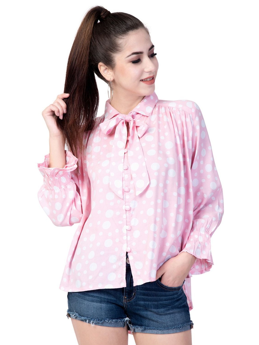 

God Bless Polka Dot Print Puff Sleeve Ruffles Shirt Style Top, Pink