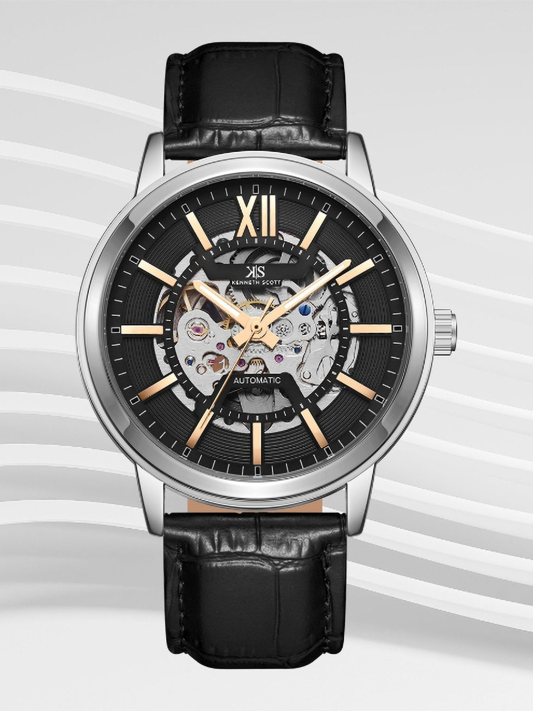 

KENNETH SCOTT Men Skeleton Dial & Leather Textured Straps Analogue Automatic Watch K24323-SLBBK, Black