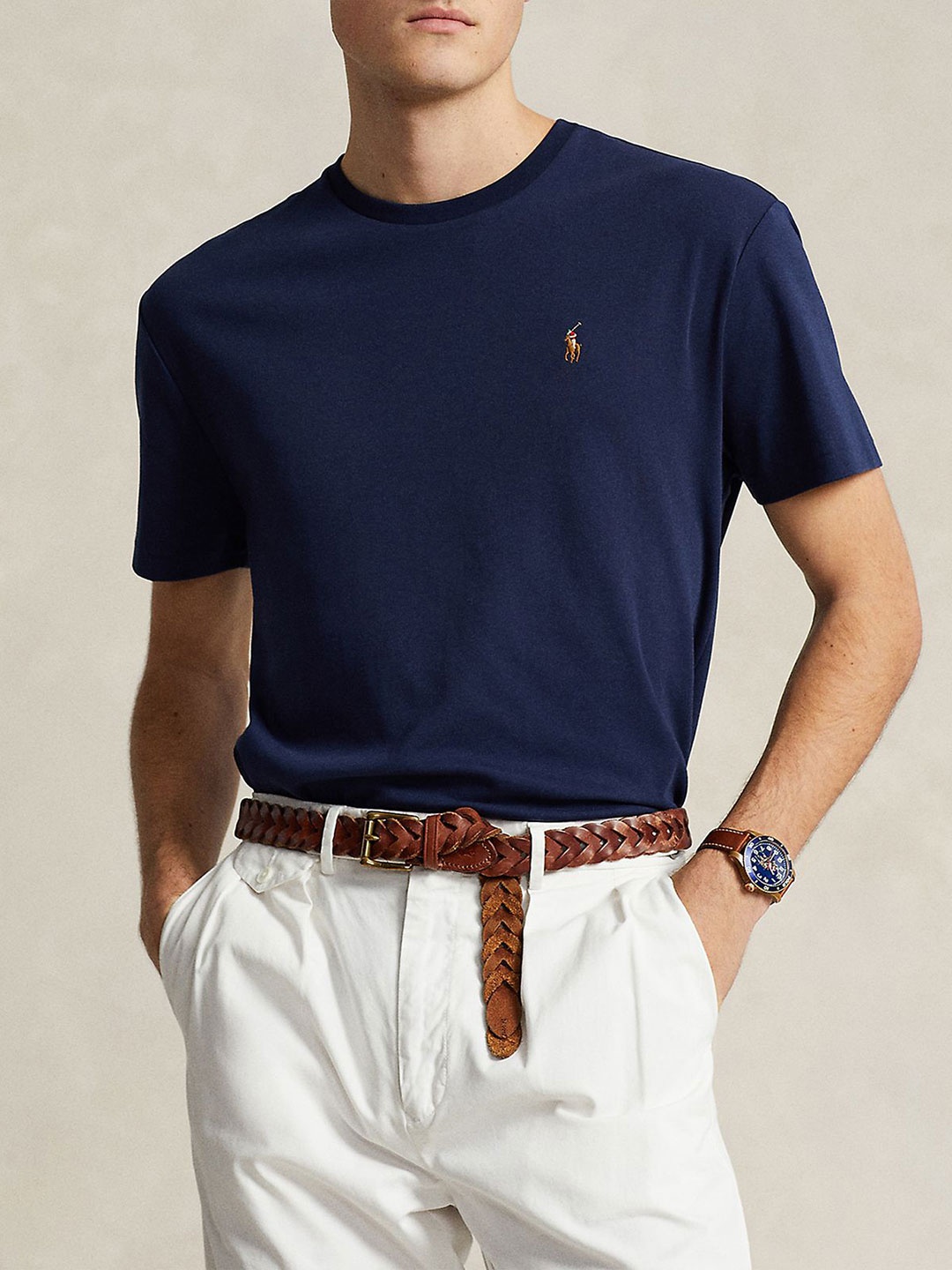 

Polo Ralph Lauren Men Solid Round Neck Cotton Slim Fit T-shirt, Navy blue