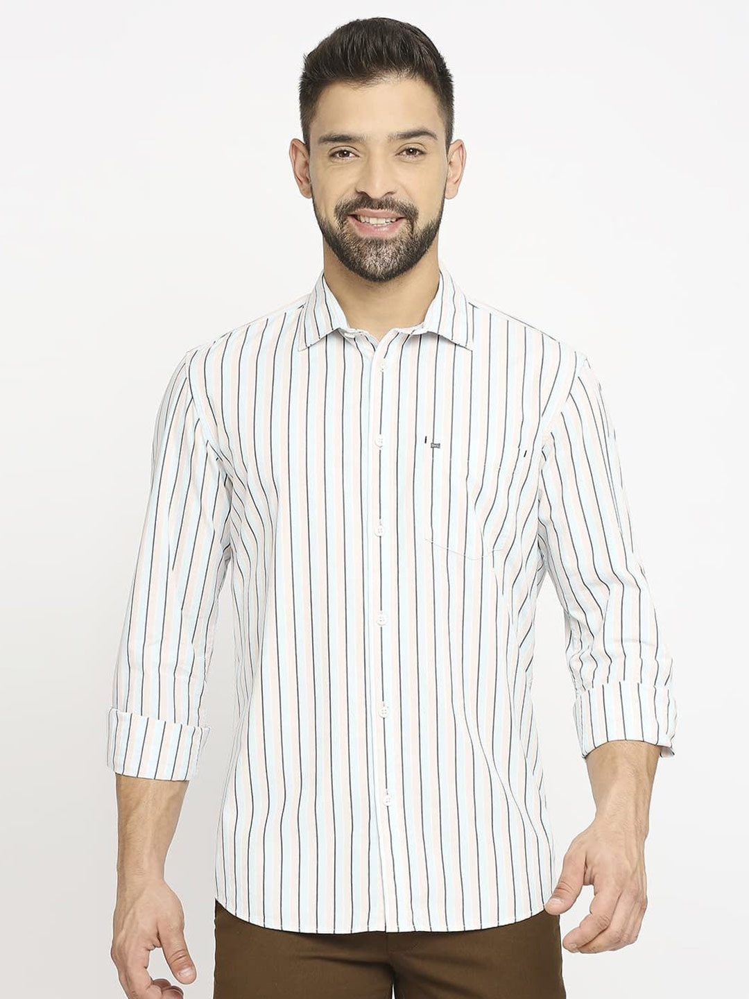 

Basics Men Relaxed Fit Spread Collar Vertical Striped Cotton Casual Shirt, Blue