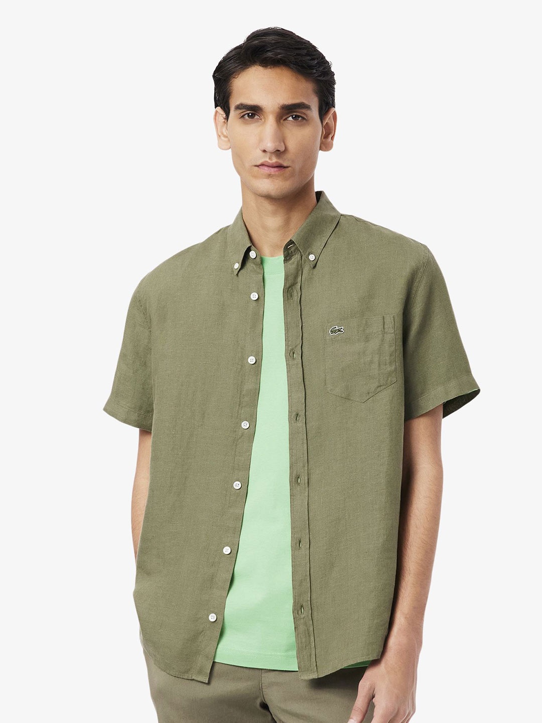 

Lacoste Men Relaxed Fit Button-Down Collar Solid Linen Casual Shirt, Green