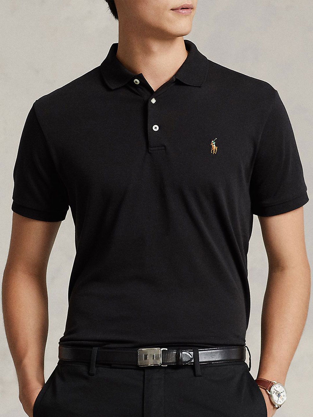 

Polo Ralph Lauren Men Solid Polo Collar Cotton Slim Fit T-shirt, Black
