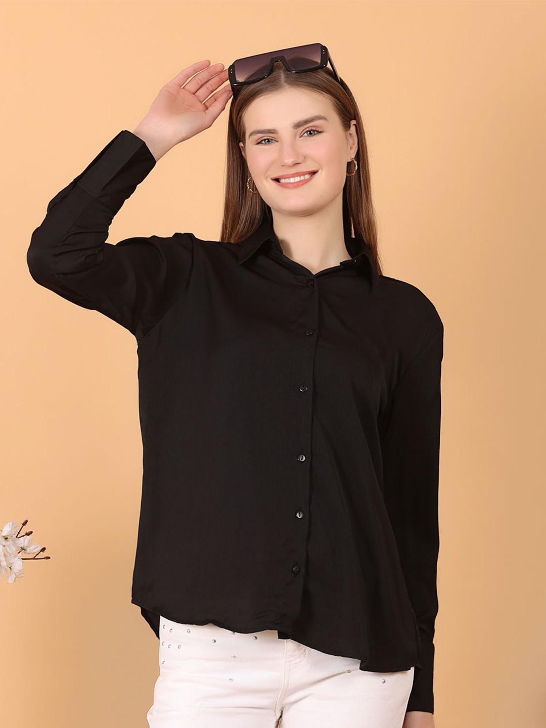 

Tulip Eden Women Relaxed Fit Spread Collar Solid Satin Casual Shirt, Black