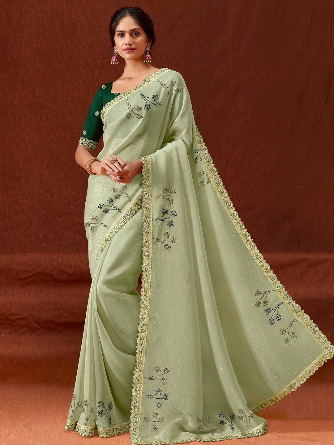 

MAHALASA Embellished Mirror Work Pure Chiffon Designer Saree, Sea green