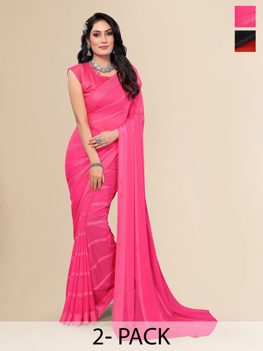 

Moda Rapido Set of 2 Striped Satin Sarees, Pink