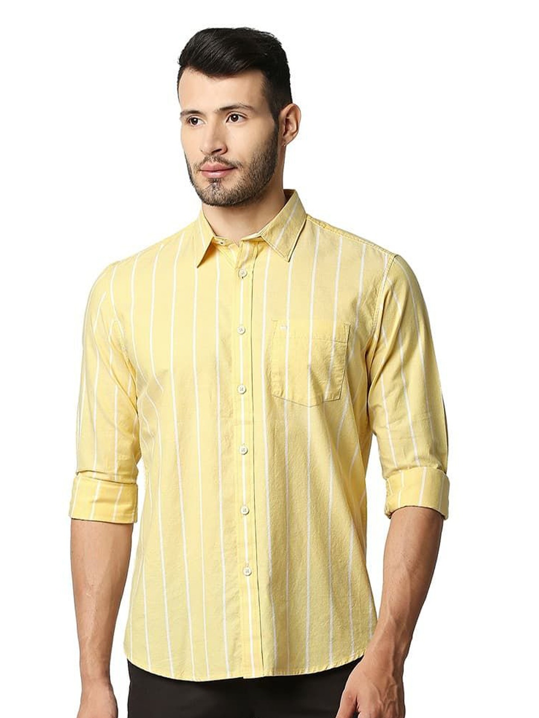 

Basics Men Relaxed Slim Fit Spread Collar Vertical Striped Cotton Casual Shirt, Yellow