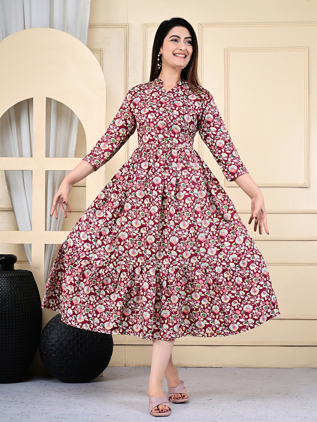 

FebQ Floral Printed Mandarin Collar Pure Cotton Tiered Anarkali Kurta, Maroon