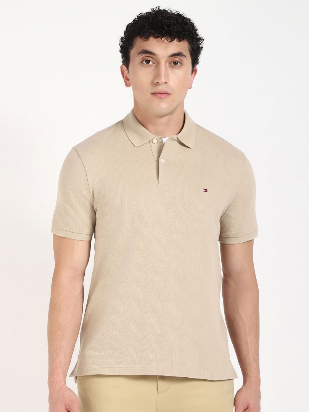 

Tommy Hilfiger Men Self Design Polo Collar Cotton T-shirt, Beige