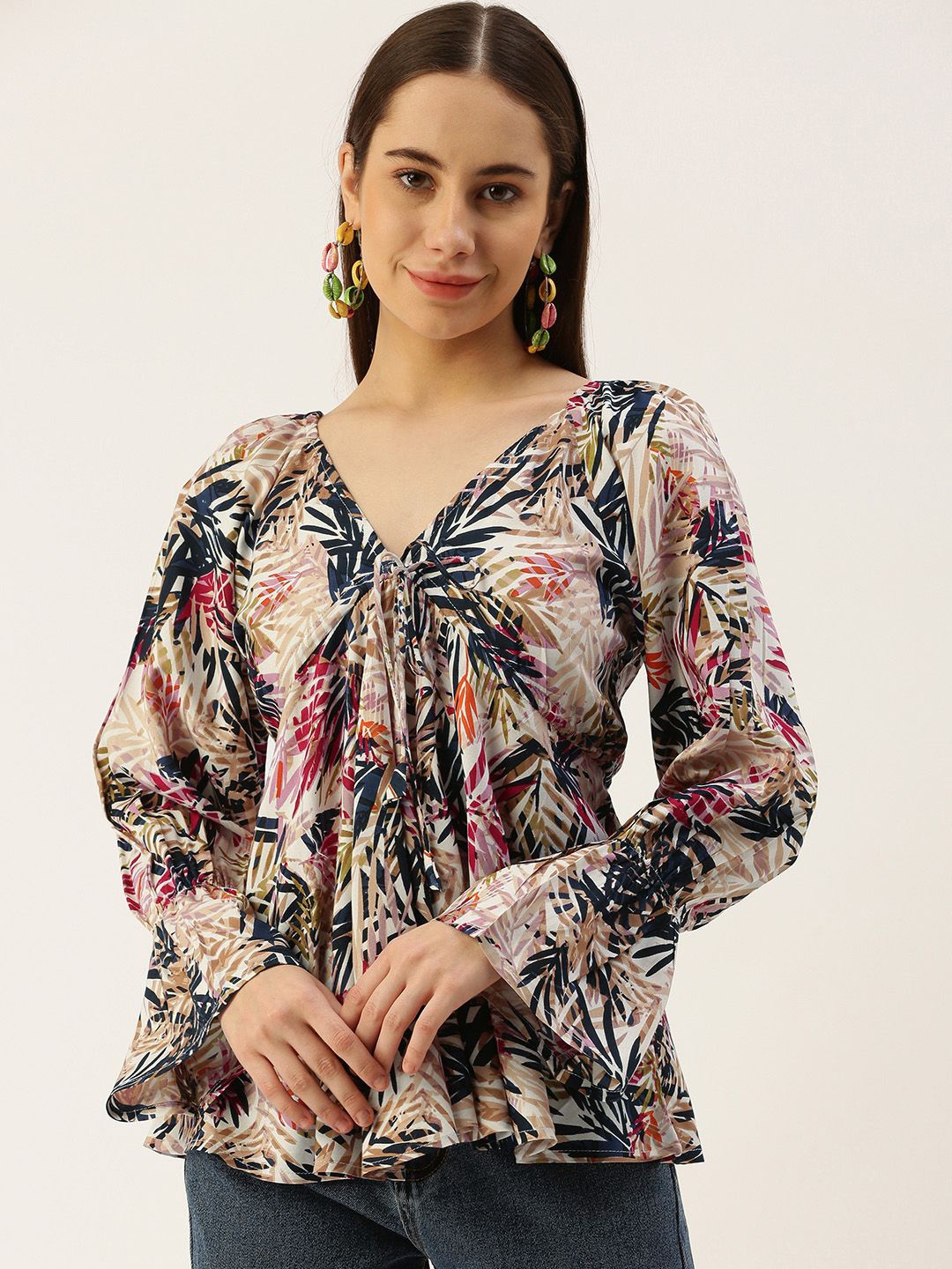 

VYMO Women Tropical Printed V-Neck Top, Black