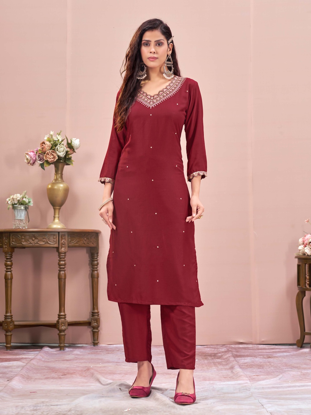 

Raave V-Neck Floral Embroidered Straight Kurta With Trousers, Maroon