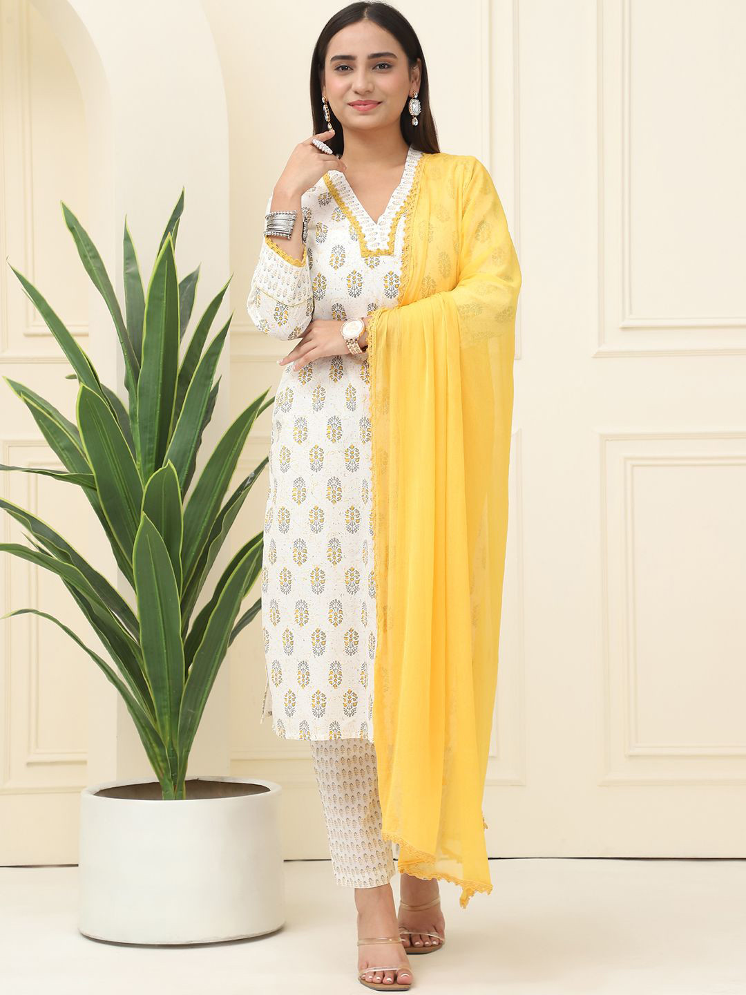 

BAESD Floral Printed V-Neck Pure Cotton Straight Kurta With Trousers And Dupatta, Cream