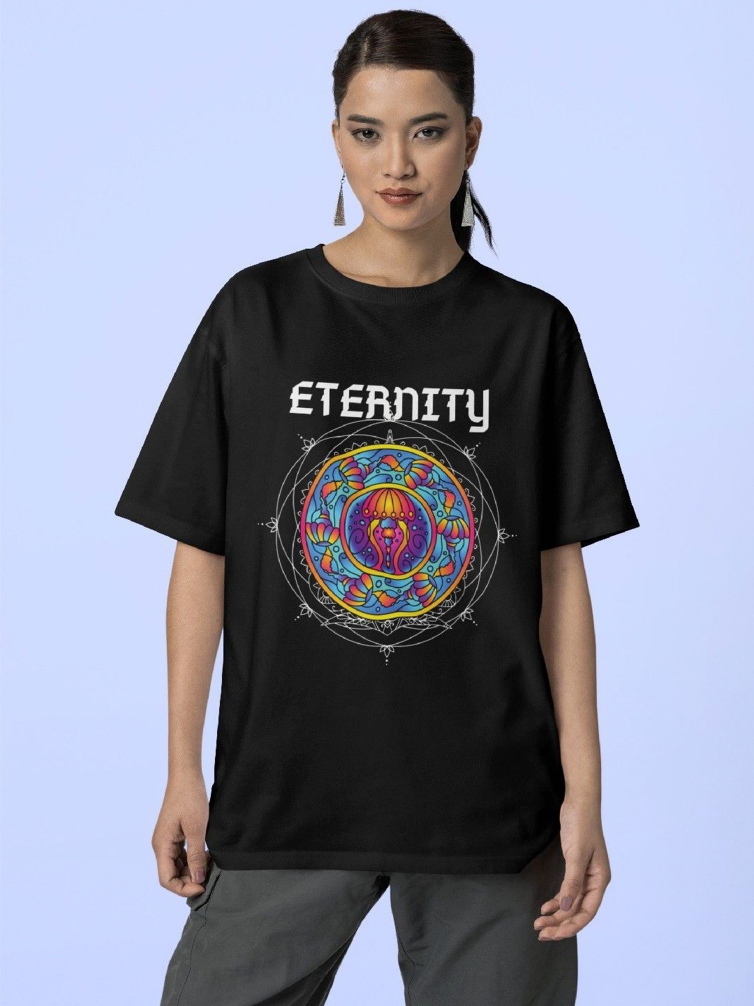 

Reifica Women Graphic Printed Round Neck Cotton Oversized T-shirt, Black