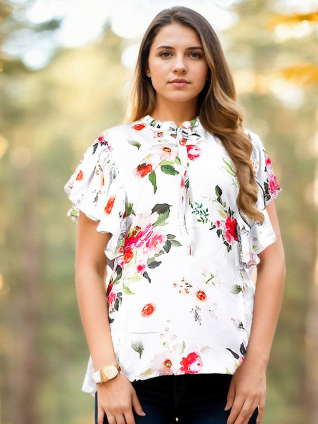 

Bucciato Private Limited Women Floral Printed Mandarin Collar Satin Top, White