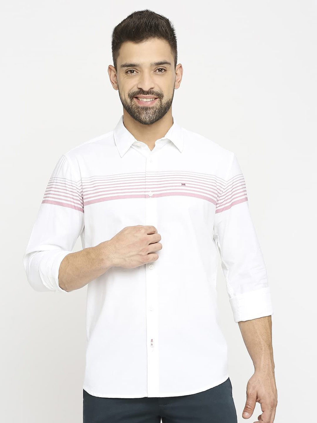 

Basics Men Relaxed Fit Spread Collar Horizontal Striped Cotton Casual Shirt, Pink