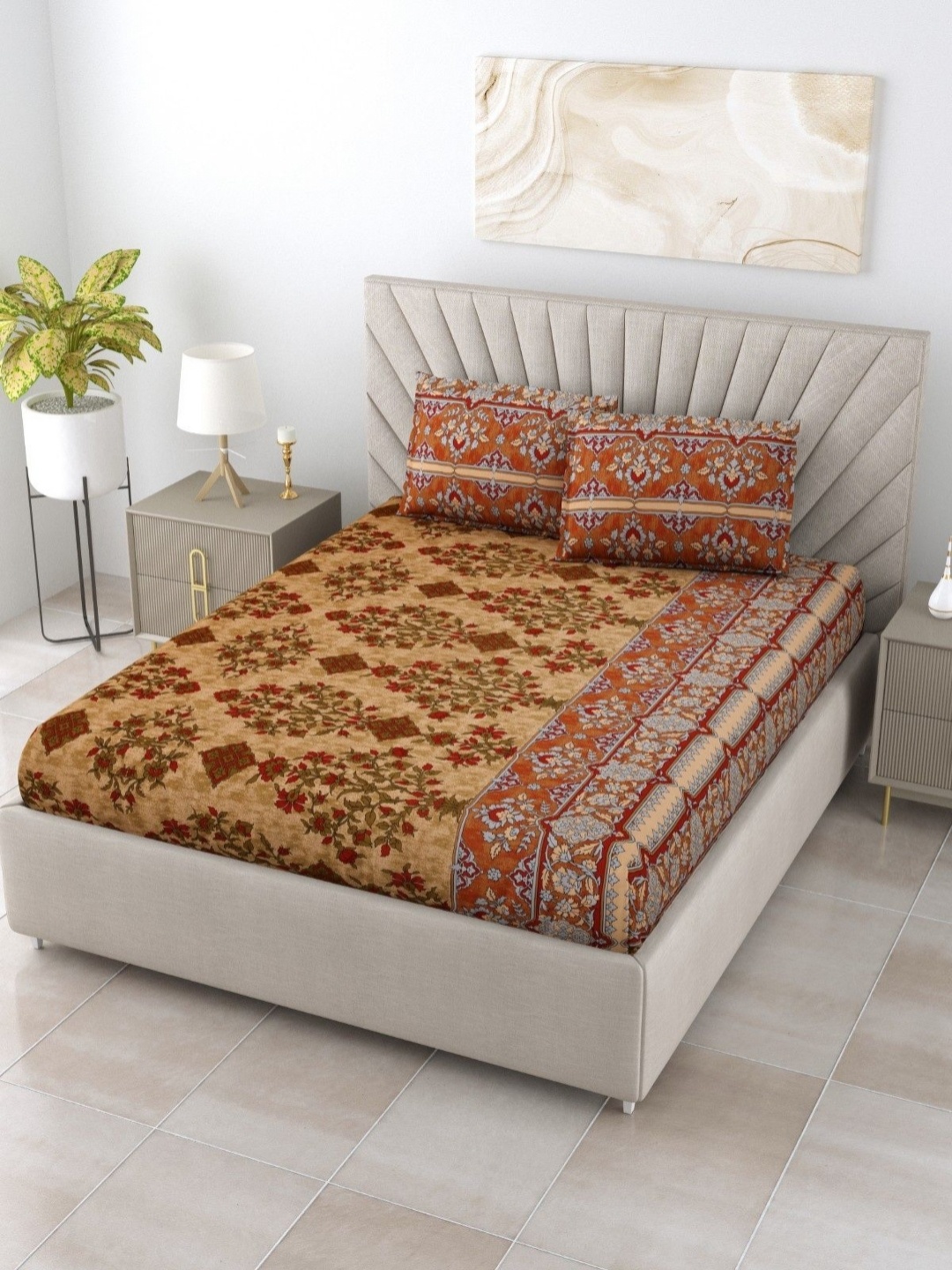 

Myntra Elegant Homes Gulmohar Brown Printed Cotton 180 TC King Bedsheet Set 2.74 m x 2.54m