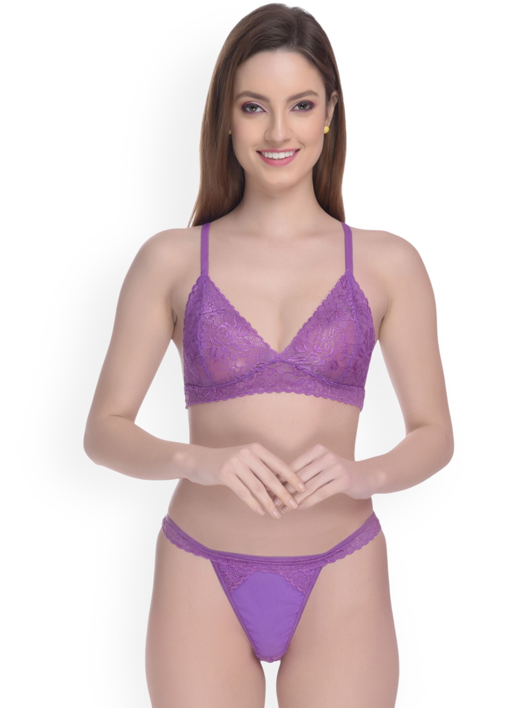 

Fihana Women Net Lace Lingerie Set, Purple