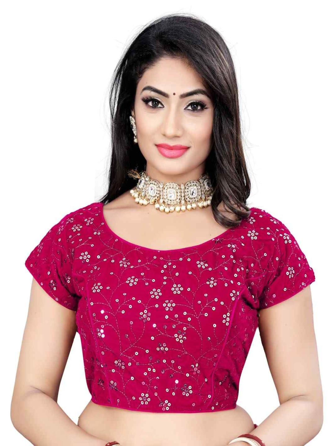 

HERE&NOW Embroidered Round Neck Velvet Saree Blouse, Pink