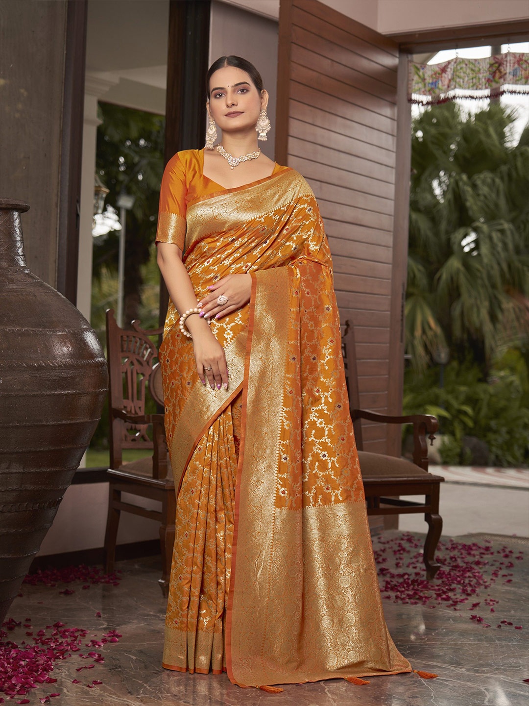 

SAREETHNIC Woven Design Zari Pure Silk Banarasi Saree, Mustard